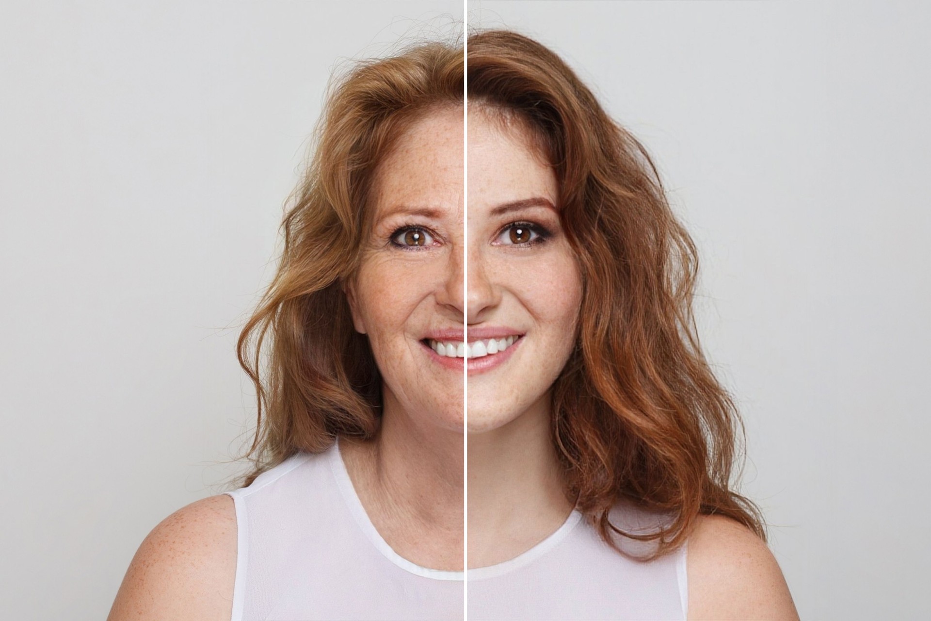 Young and old female beauty, studio portrait of redhead woman before and after retouch